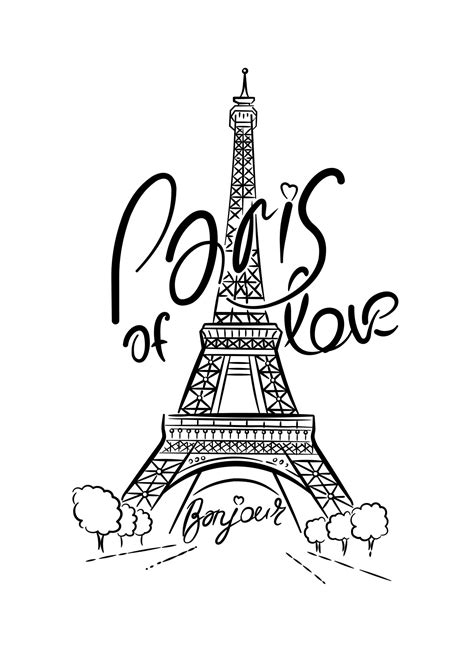 Eiffel Tower In Paris Linear Drawing Lettering Calligraphy