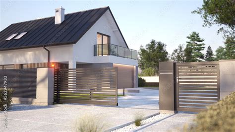 Modern house with fence and automatic Sliding Gate. 3D illustration ...