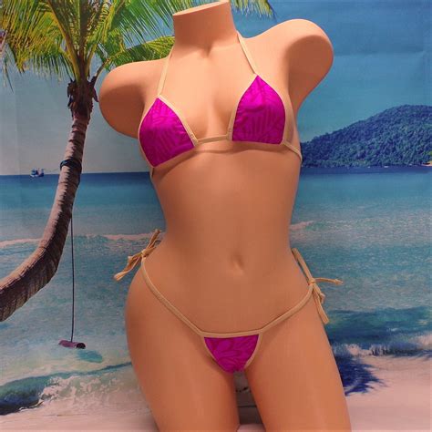 Micro Scrunch Butt Bikini Fuchsia Tropical Trimmed In Tan Etsy