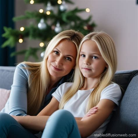 Year Old Blonde Woman And Her Year Old Blonde Hairy Daughter In A Swimsuit On The Beach