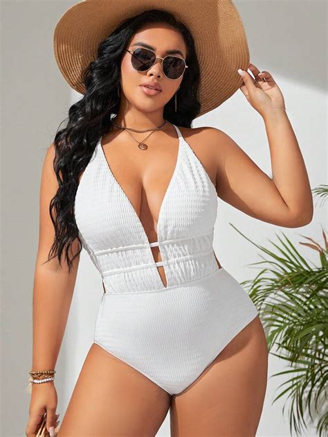 SHEIN Swim Curve Talla grande Bañador una pieza liso de cuello profundo