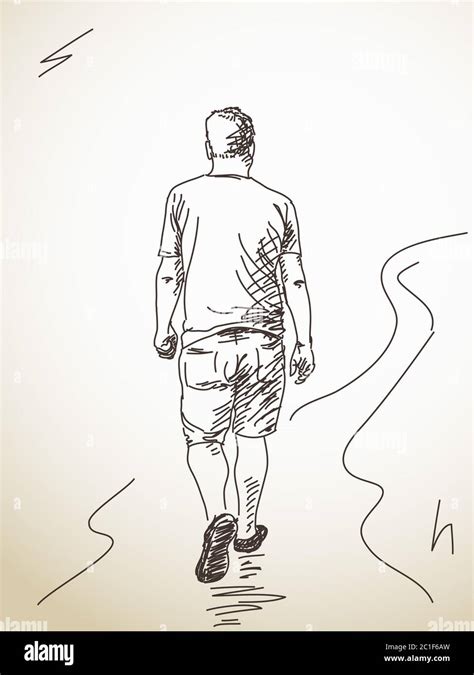 Sketch Of Walking Man From Back Hand Drawn Vector Illustration Stock