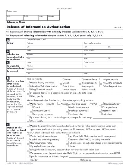 Medical Record Authorization For Release Of Information Page