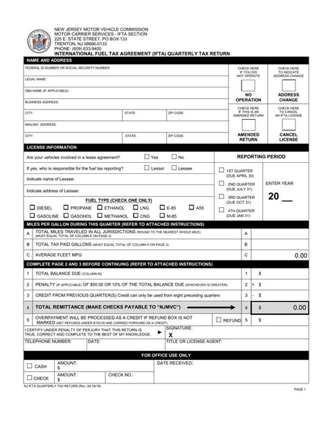 New Jersey International Fuel Tax Agreement Ifta Quarterly Tax Return