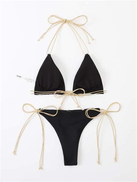 Shein Swim Sxy Metallic String Bikini Set Halter Triangle Bra Thong Bottom Piece Bathing
