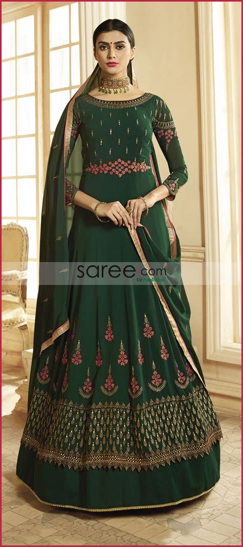 Dark Green Georgette Anarkali Suit With Multi Colored Floral Resham