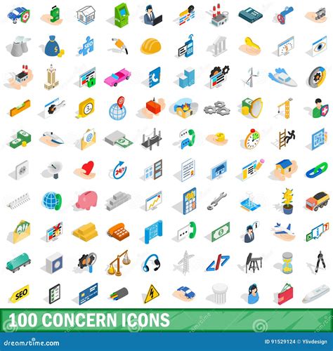 100 Concern Icons Set Isometric 3d Style Stock Vector Illustration
