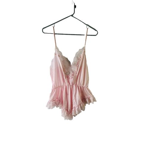 Vtg 80s Pink Frilly Lace Teddy Lingerie Playsuit Roma Gem