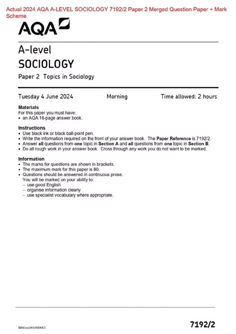 Mark Scheme For A2 Sociology Beliefs In Society Tes 2