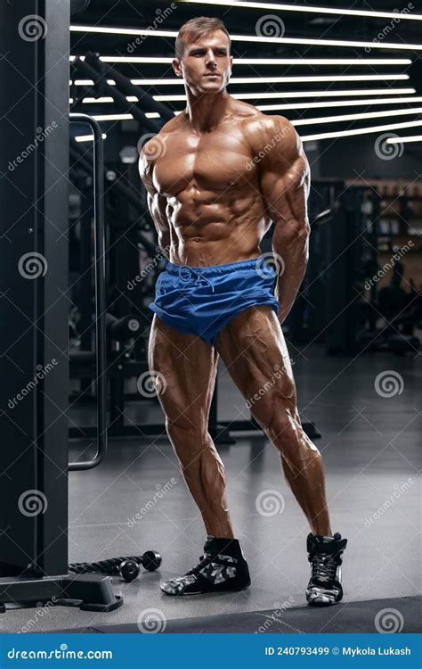 Muscular Man In Gym Showing Muscles Working Out Strong Male Naked Torso Abs Stock Image