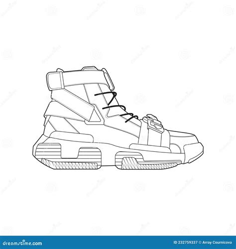 Sneakers Outline Drawing Black Lines Of Sport Shoe On White Background