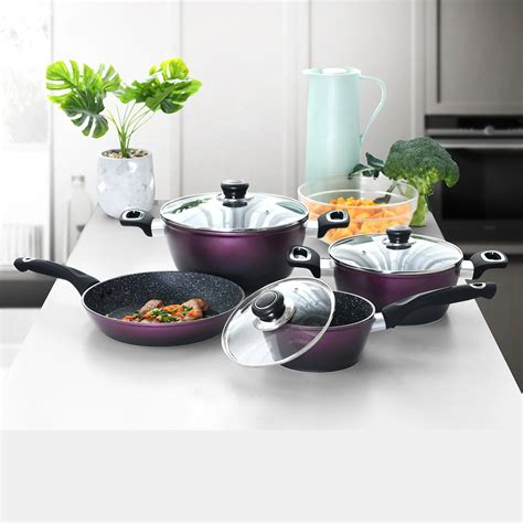 Popular And High Quality 7pcs Forged Aluminium Cookware Sets Purple