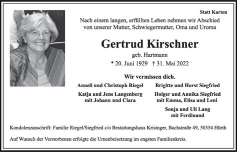 Traueranzeigen Von Gertrud Kirschner WirTrauern