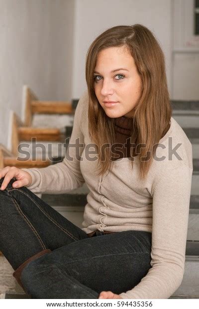 Cute Brunette Sexy Girl Posing Sitting Stock Photo 594435356 Shutterstock