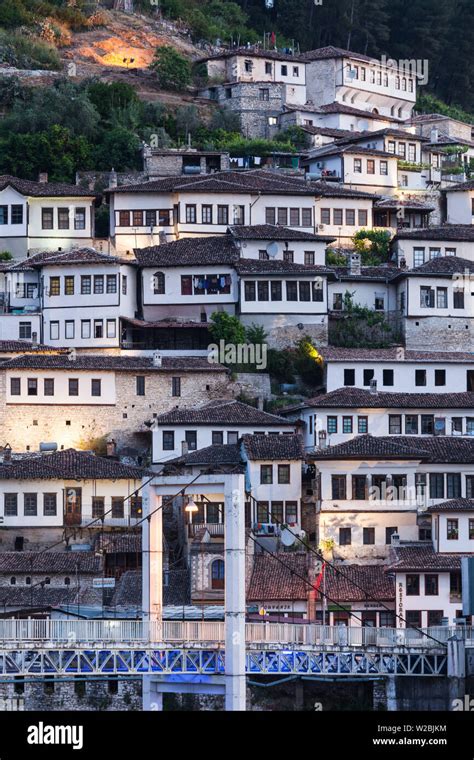 Albania Berat Osumi River Pedestrian Bridge And Ottoman Era Buildings