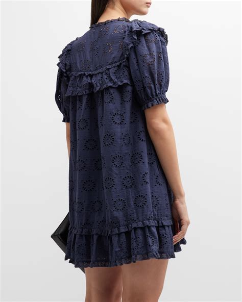 Stellah Eyelet Trimmed Split Neck Mini Dress Neiman Marcus