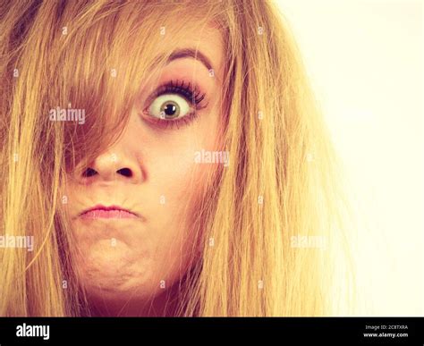 Emotions Face Expression Concept Furiously Mad Angry Blonde Woman Closeup Studio Shot On