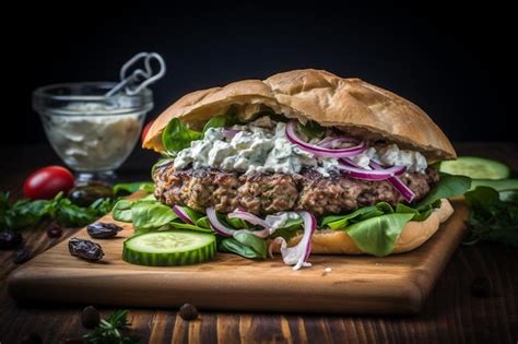 premium photo greek lamb gyro  tzatziki sauce burger