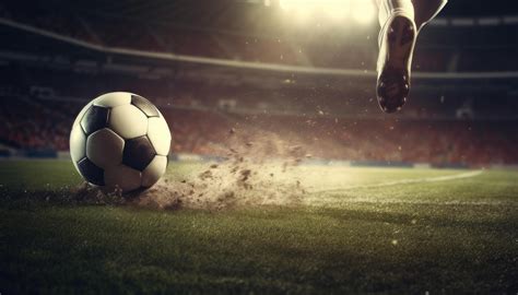 Foot of football player hitting soccer ball fast in stadium. 22606974
