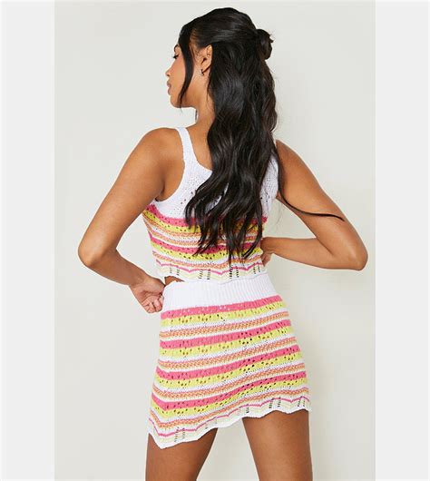 Buy Boohoo Crochet Stripe Crop Mini Skirt Beach Co Ord Set In Pink