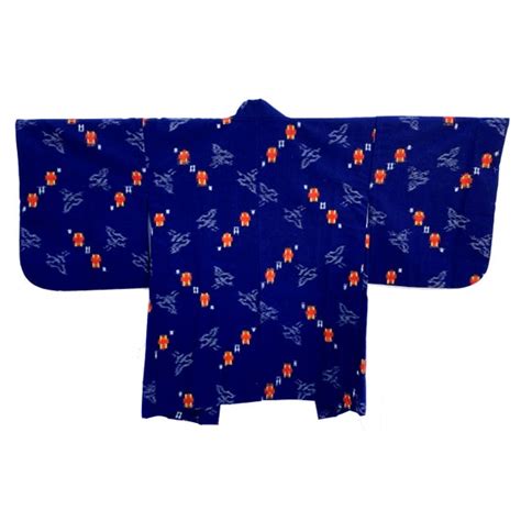 Indigo Wool Kasuri Haori With Red And White Geometric Gem