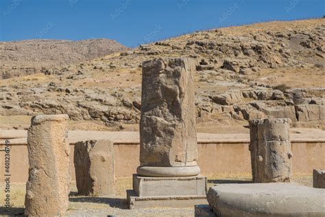 Ruins of columns in the Persepolis in Shiraz, Iran. The ceremonial ...