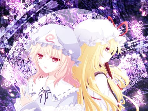 Blonde Hair Hat Long Hair Purple Hair Saigyouji Yuyuko Short Hair Touhou Yakumo Yukari