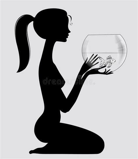 Black Silhouette Of A Sitting Cute Naked Girl Holding A Round Glass Aquarium With A Small Fish