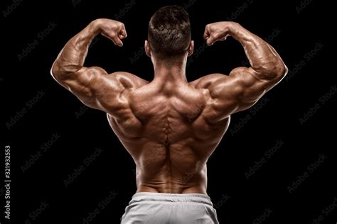 Muscular Man Showing Back Muscles Rear View Isolated On Black Background Strong Male Naked