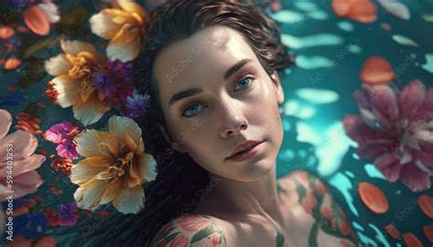 Naked Woman In Water With Tropical Flowers Petals Unwanted Hair Removal Epilation And