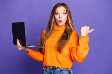 Portrait Of Youth Shocked Blonde Hair Cute Happy Smile Girl Directing Finger Website Online App