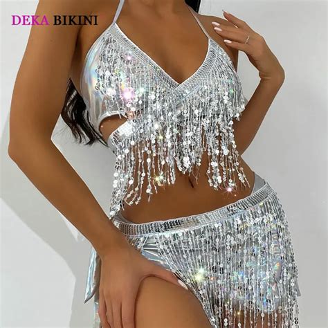 Deka Brazilian Women S Silver Sequin Tassel Bikini Set Halter Fringes Bra Shorts Nightclub