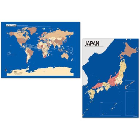 Proceedx美しい日本 世界地図セット パステルカラーブルー3 学習ポスターミニマルマップa2サイズ日本製 折り目なし送付 影付き1306