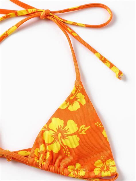 Emmiol Kostenloser Versand 2024 Geblümter Neckholder Dreieck Bikini Badeanzug Orange L von