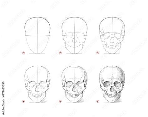 Page shows how to learn to draw sketch of human skull. Creation step by step pencil drawing ...