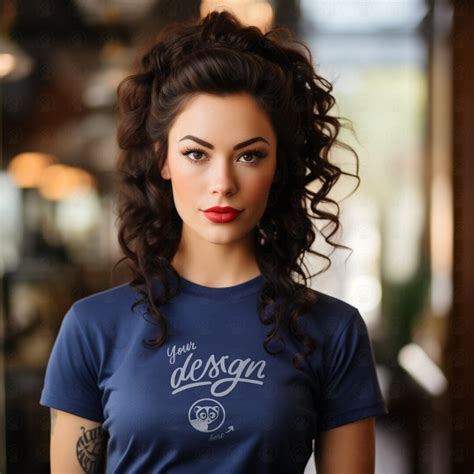 Brunette Woman In Blue T Shirt Mockup Feminine Blue T Shirt Mockup Blue Tee Mock Up Beautiful