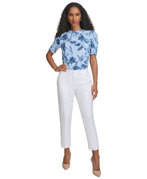 Calvin Klein Petite Printed Ruffle Neck Short Sleeve Top Macys