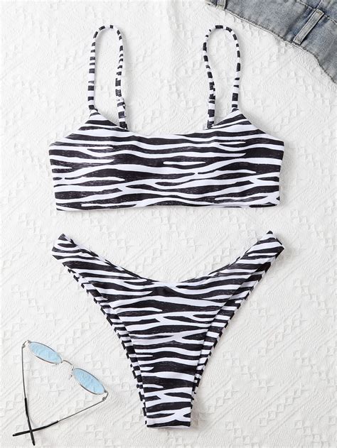 Shein Swim Vcay Zebra Striped High Cut Bikini Swimsuit Shein Usa