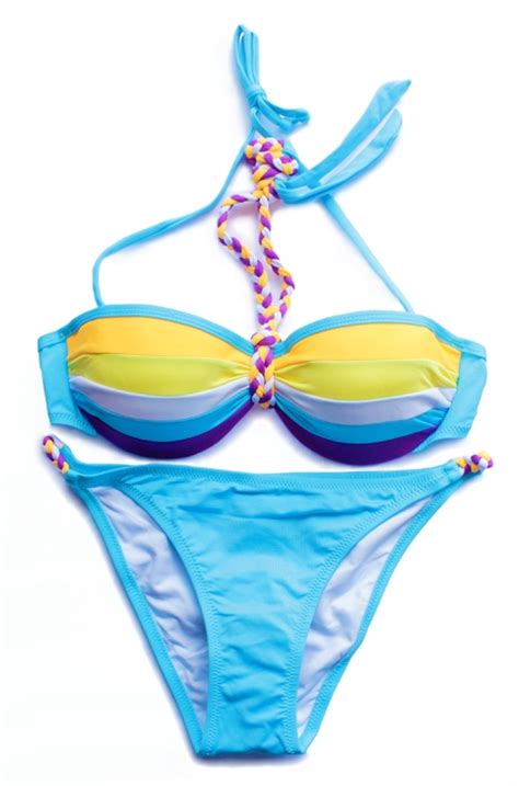 Kostium strój kąpielowy bikini niebieski S pasy