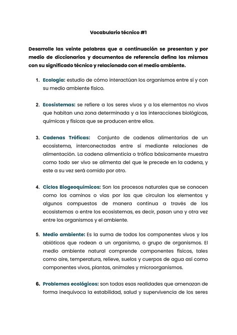 Vocabulario ecológico - Vocabulario técnico # Desarrolle las veinte