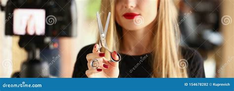 Blonde Woman Blogger Holding Metallic Scissors Stock Photo Image Of Camcorder Beautician