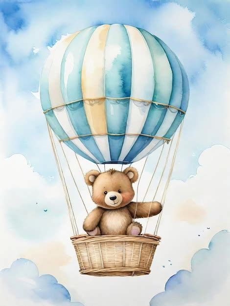 Illustration Of A Cute Bear In A Hot Air Balloon Bed Premium Ai Generated Image