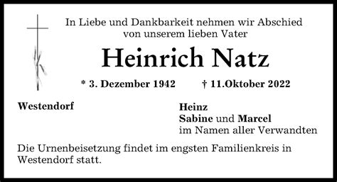 Traueranzeigen Von Heinrich Natz Augsburger Allgemeine Zeitung