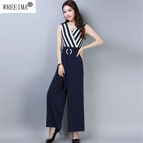 Summer Elegant Women V Neck Patchwork Striped Jumpsuit Fashion Chiffon Sleeveless Jumpsuits