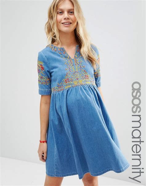 Asos Maternity Denim Embroidered Smock Dress In Mid Wash Blue Asos