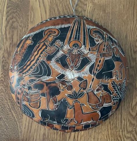 Vintage Hand Carved Peruvian Gourd Bowl Depicting Nativity Ebay