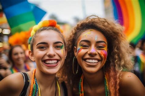 Pareja Feliz Celebrando En El Desfile Del Orgullo Gay Lgbtq En Sao Paulo Mes Del Orgullo En
