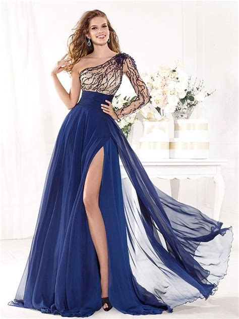 2014 New Arrival Tarik Ediz Royal Blue One Shoulder Sheer Long Sleeve A