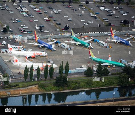 Aerial view of Boeing 737 MAX airplanes under construction at Renton ...