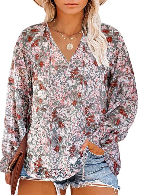 Eytino Womens Plus Size Boho Floral Print Tops Oversized Long Sleeve